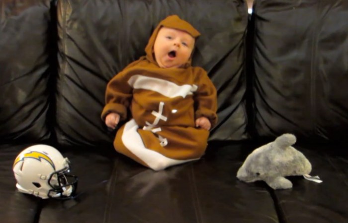This is an actual thing. Dude puts a baby in a football costume, and it picks the winners by falling down.